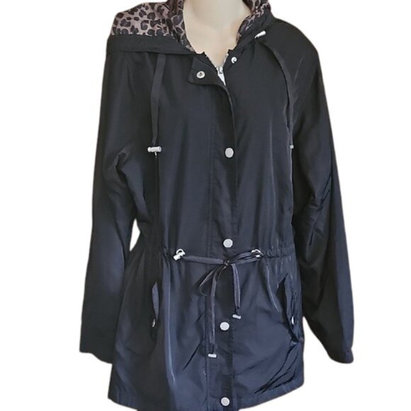 Time and Tru lighweight Anorak hooded Jacket black outside leopard lining - Picture 5 of 16